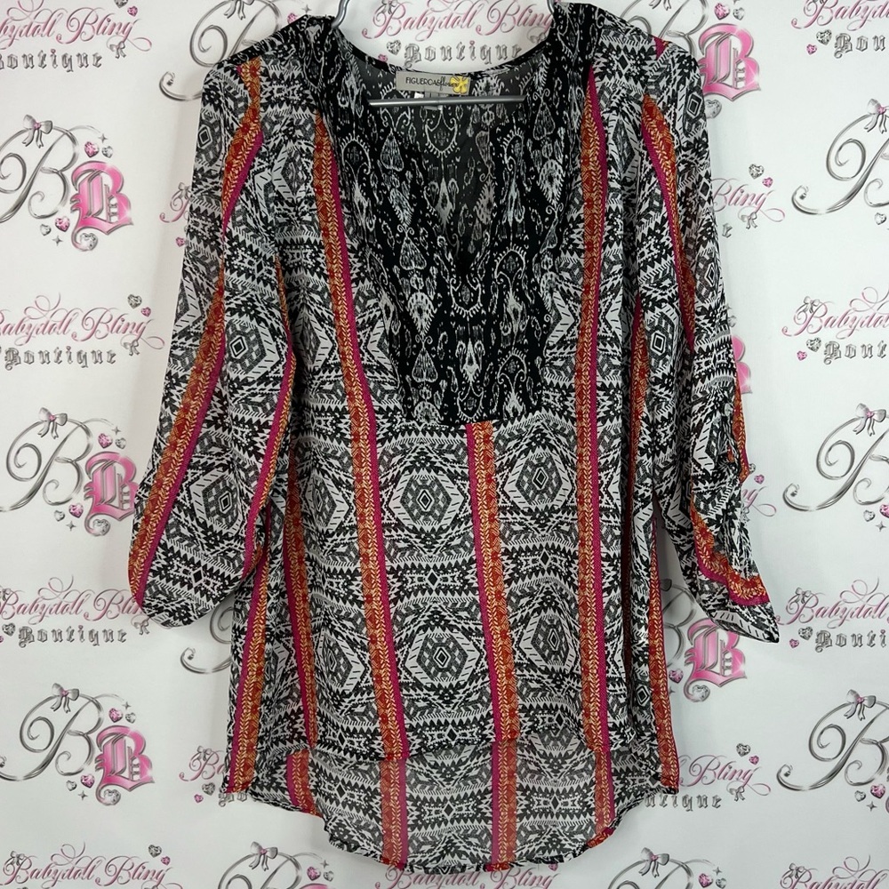 Figueroa & flower long sleeve Aztec Bohemian Black and Red Patterned Blouse